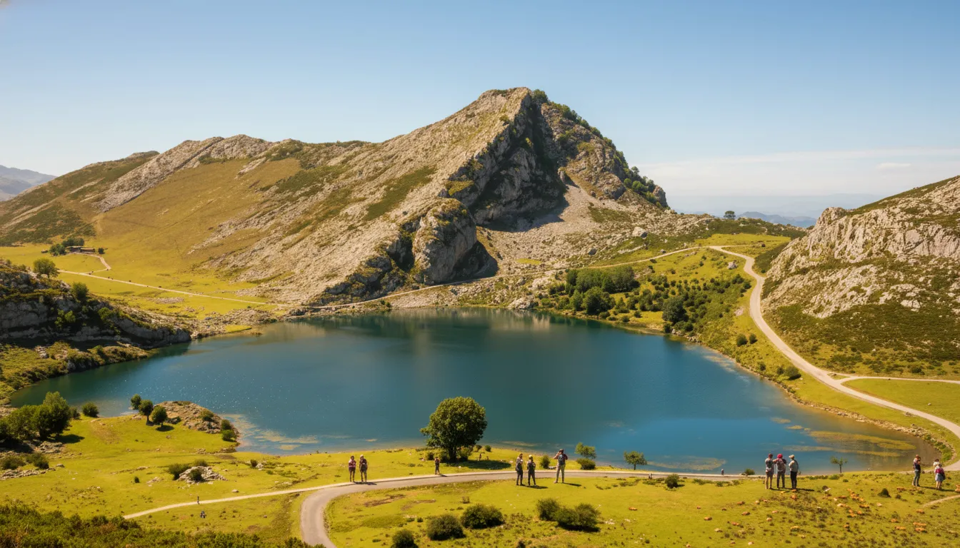 Paisaje soleado de los Lagos de Covadonga con senderistas, ideal para un viaje a Asturias todo incluido.