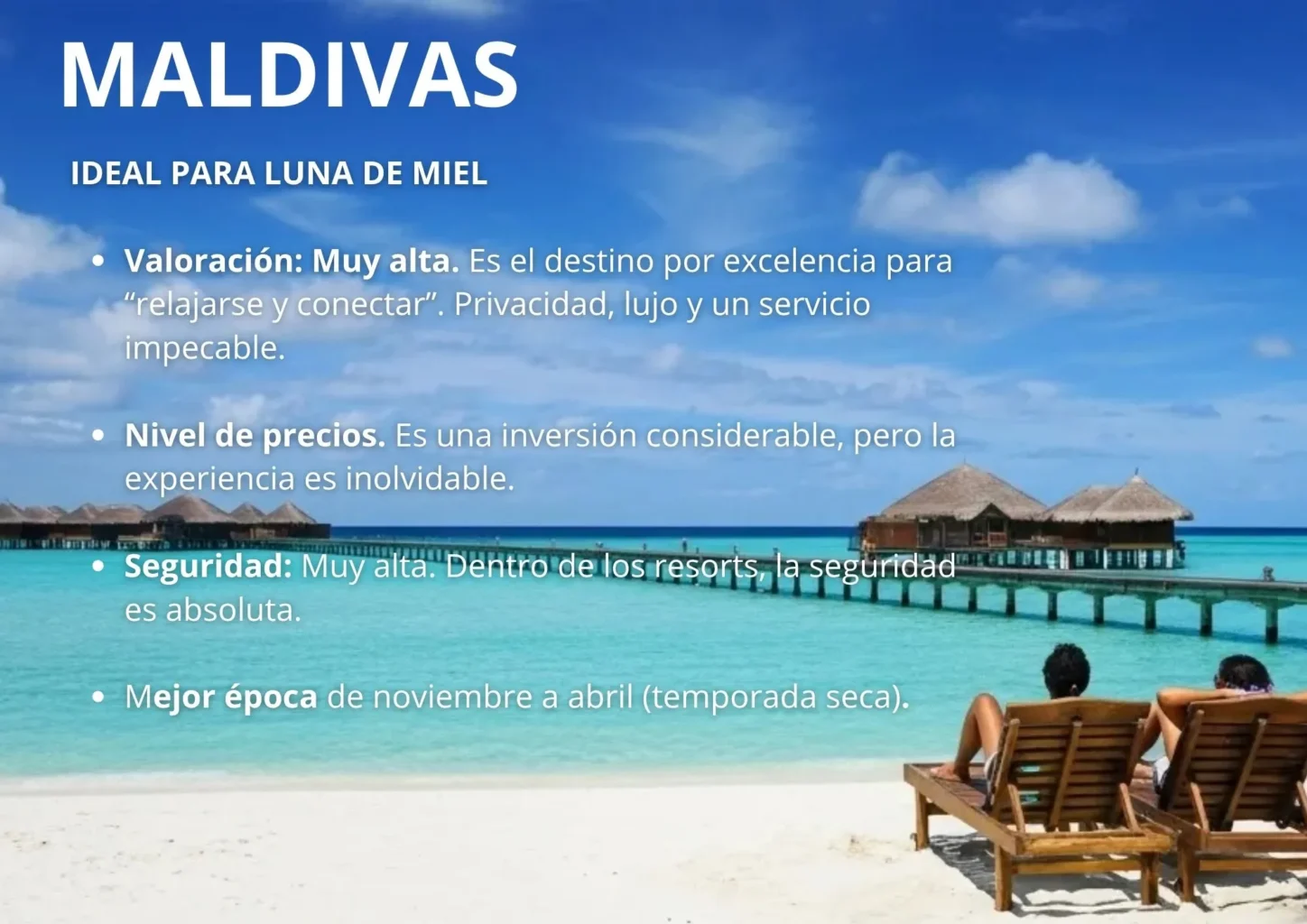 Guía visual con precios y consejos para planificar el mejor viaje de novios a Maldivas todo incluido.