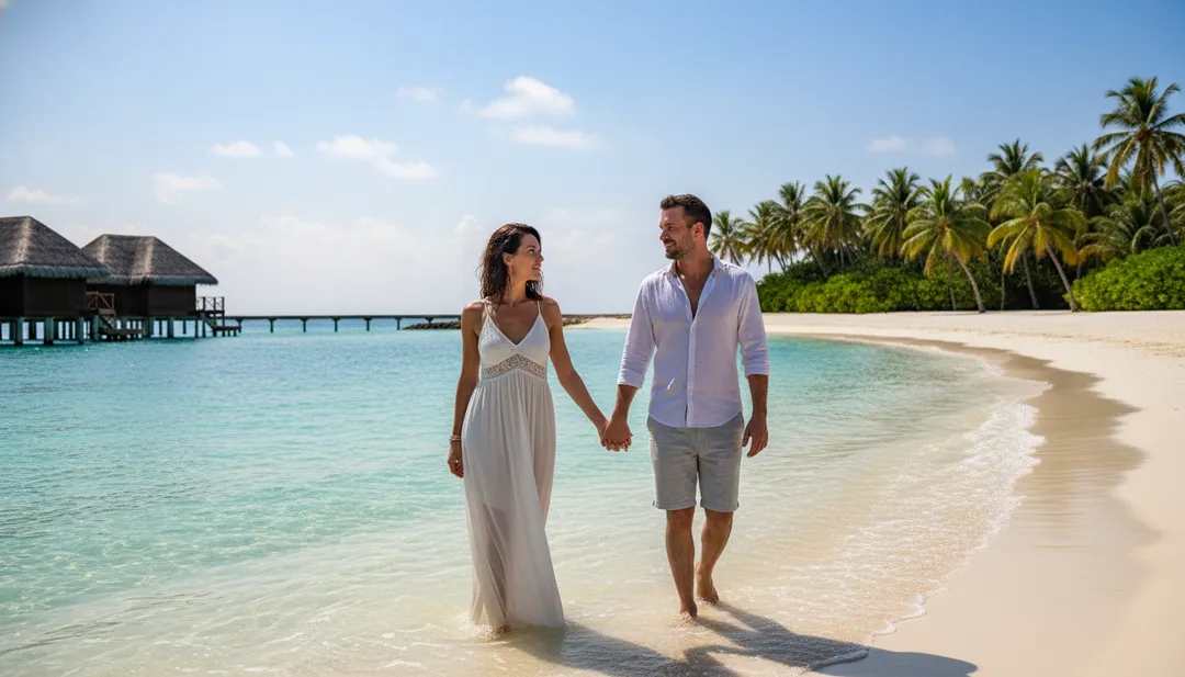 Pareja paseando de la mano por la playa de arena blanca en su viaje de novios a Maldivas todo incluido.