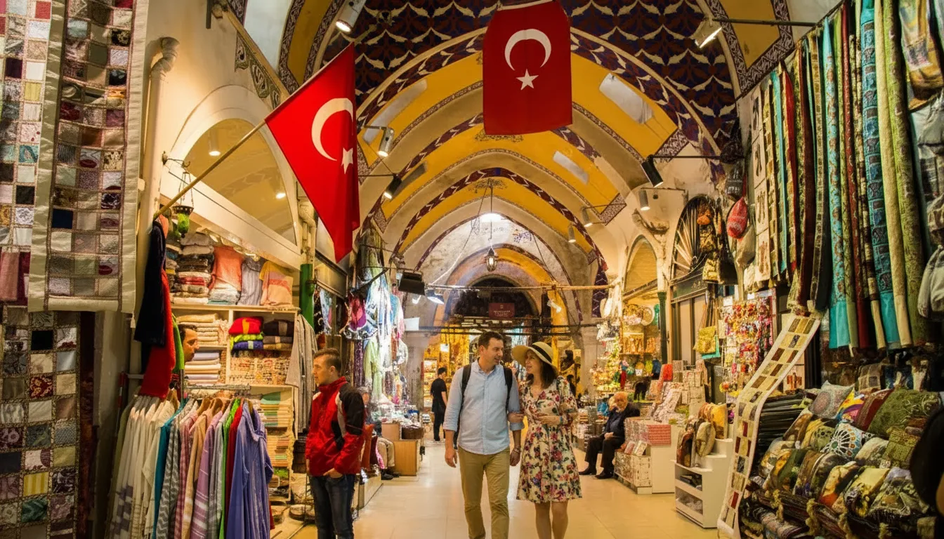 Pareja de turistas paseando por el Gran Bazar bajo banderas turcas en su viaje a Estambul todo incluido.