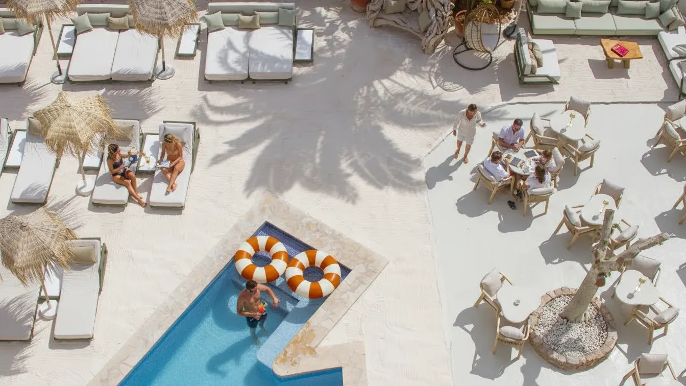 Vista aérea de piscina y terraza en resort de lujo, ideal para un viaje a Ibiza todo incluido relajante.