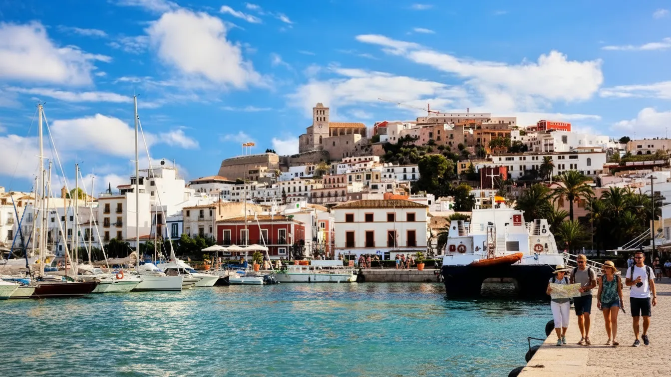 Turistas paseando por el puerto frente a Dalt Vila en un soleado viaje a Ibiza todo incluido.