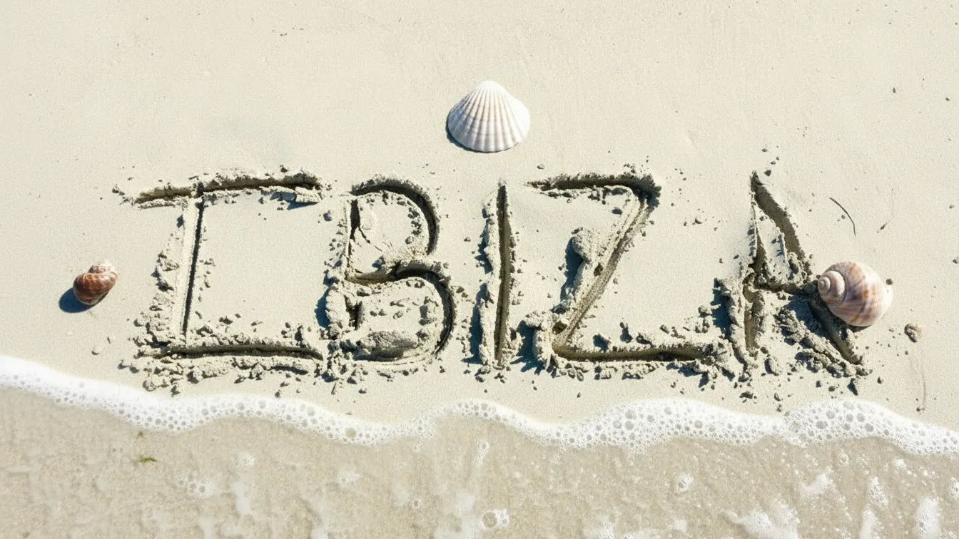 Palabra Ibiza escrita en la arena con conchas y olas, inspirando tu próximo viaje a Ibiza todo incluido.