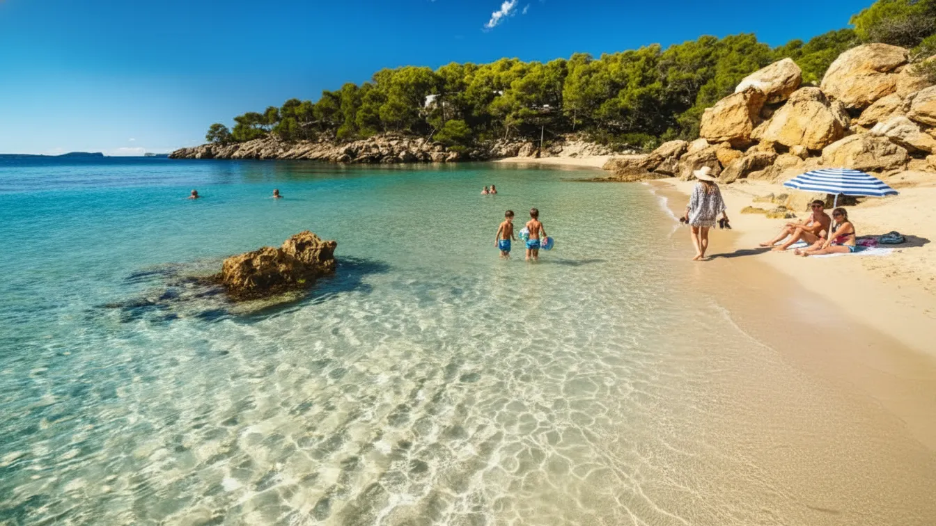 Turistas disfrutando de una cala de aguas turquesas y arena dorada en su viaje a Ibiza todo incluido.