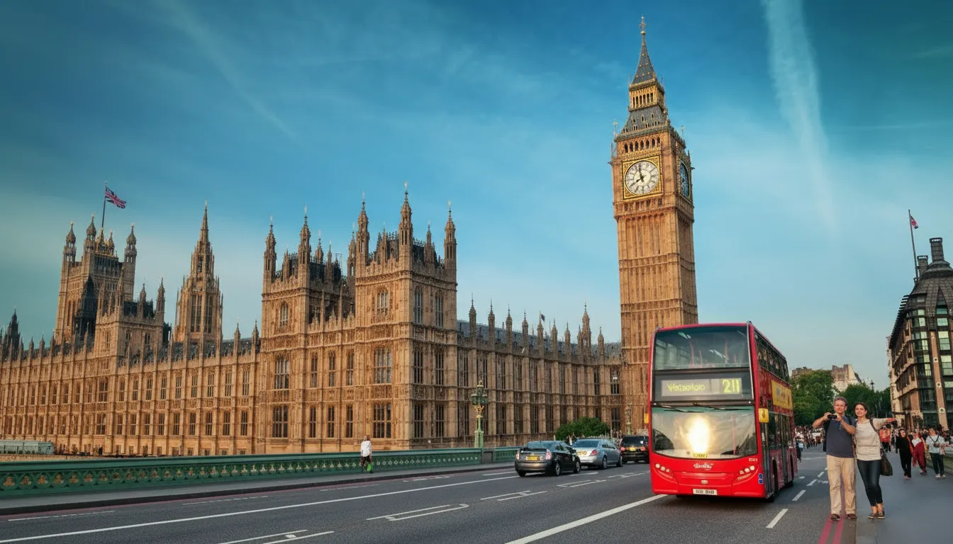 Autobús rojo y pareja frente al Big Ben en Westminster durante un viaje a Londres organizado.
