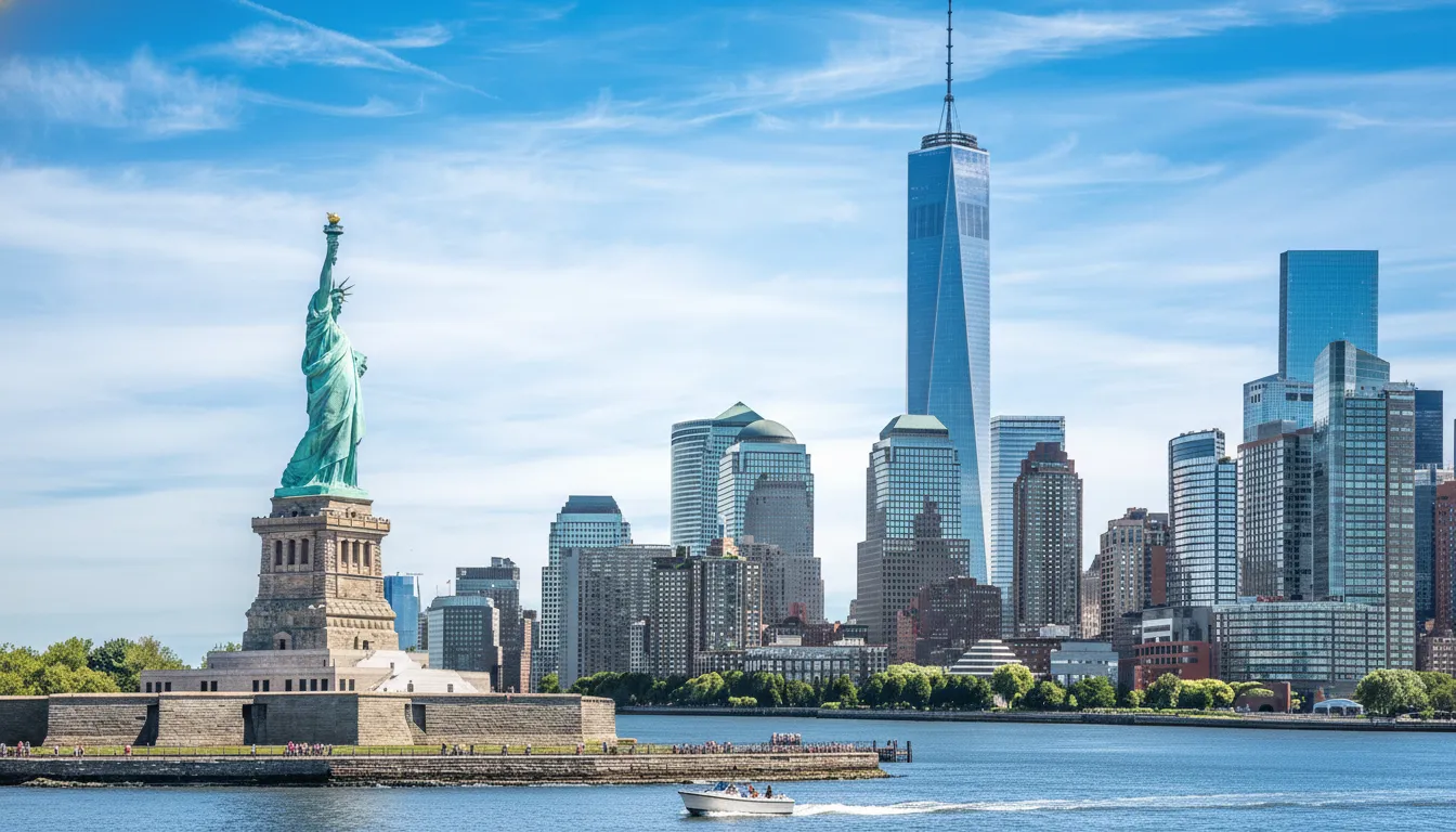 Panorámica de la Estatua de la Libertad y el skyline de Manhattan, inicio ideal para un viaje organizado a Estados Unidos.
