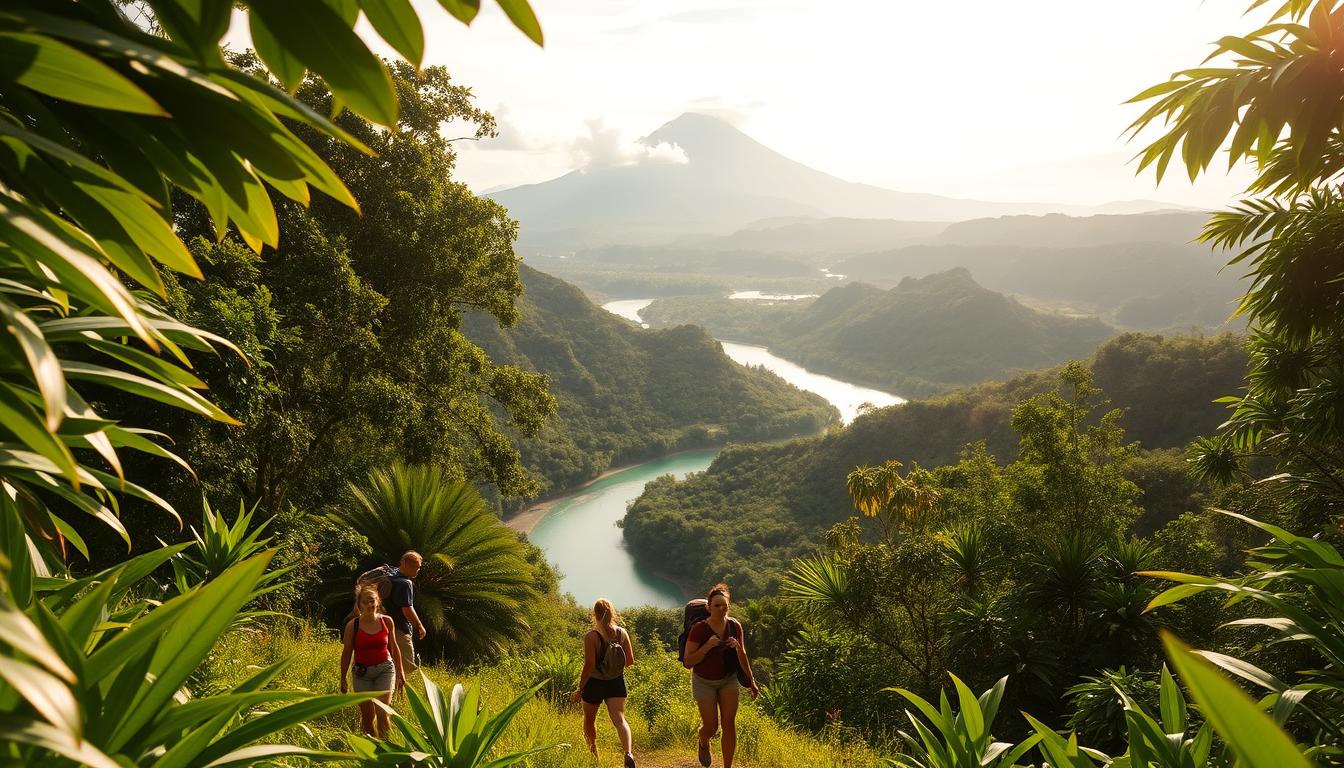 Senderistas por paraje con ambundante vegetación en una ruta por Costa Rica a medida